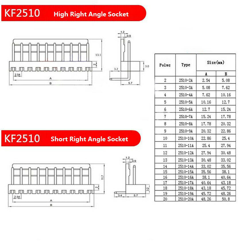 KF2510 PCB Connector Header Right Angle (2-10 Ways)